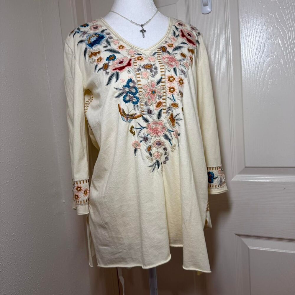 Johnny Was Serafina Western Peasant Blouse Floral Embroidery 3/4 Sleeves Sz XS